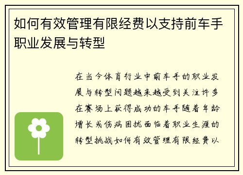 如何有效管理有限经费以支持前车手职业发展与转型 如何有效管理有限经费以支持前车手职业发展与转型